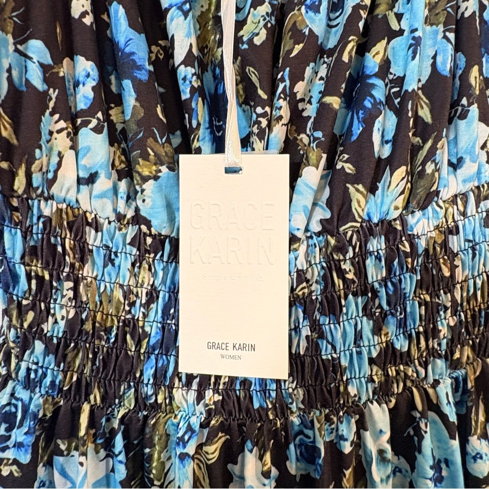 Grace Karin Womens Blue Floral Maxi Dress Small Smocked NWT - Picture 8 of 13